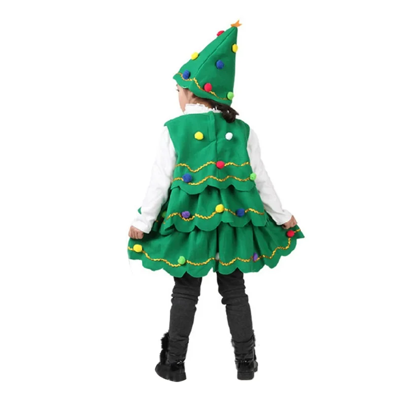 Kids Christmas Costumes 2Pcs Girls Sleeveless Dress + Hat Christmas Tree Shape Fur Ball Decoration Festival Cosplay Clothing