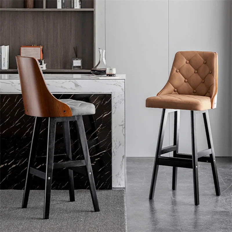 

American Retro Backrest Bar Chair Kitchen Furniture Modern Solid Wood Bar Stools Light Luxury Leisure High Feet Counter Stool