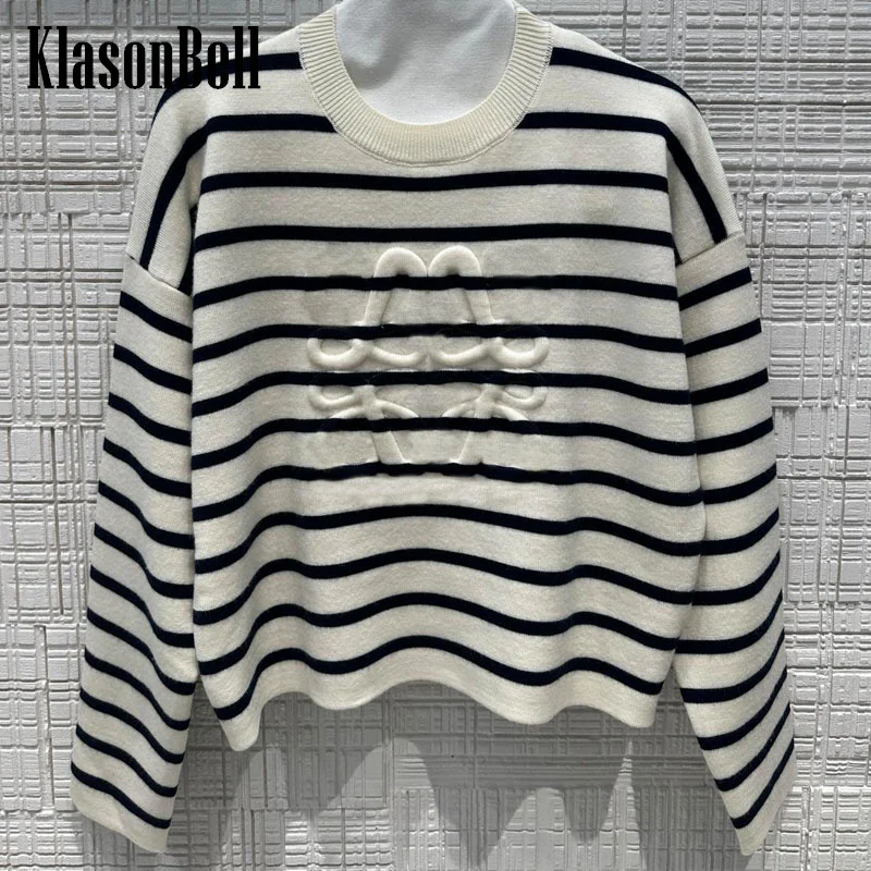 

7.13 KlasonBell Women 100% Wool Knitwear Contrast Color Striped Three-dimensional Letter Jacquard Long Sleeve Pullover Sweater