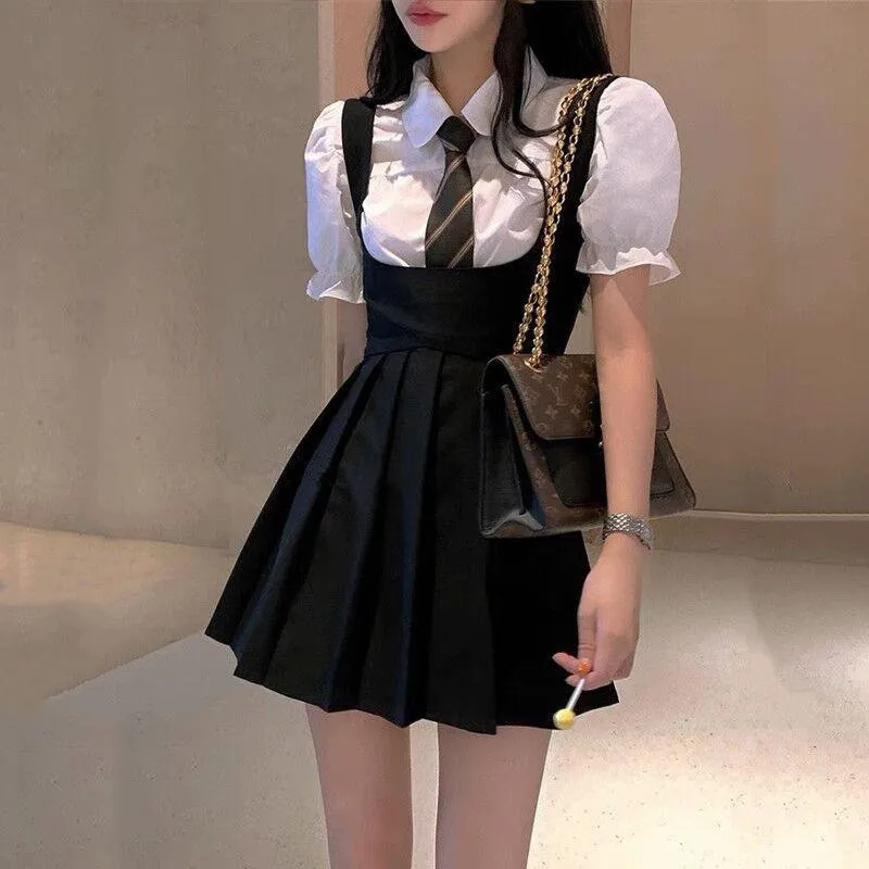 Women Dress JK uniform summer strap pleated skirt bubble sleeve shirt two-piece set Japanese Korean style School uniform outfits