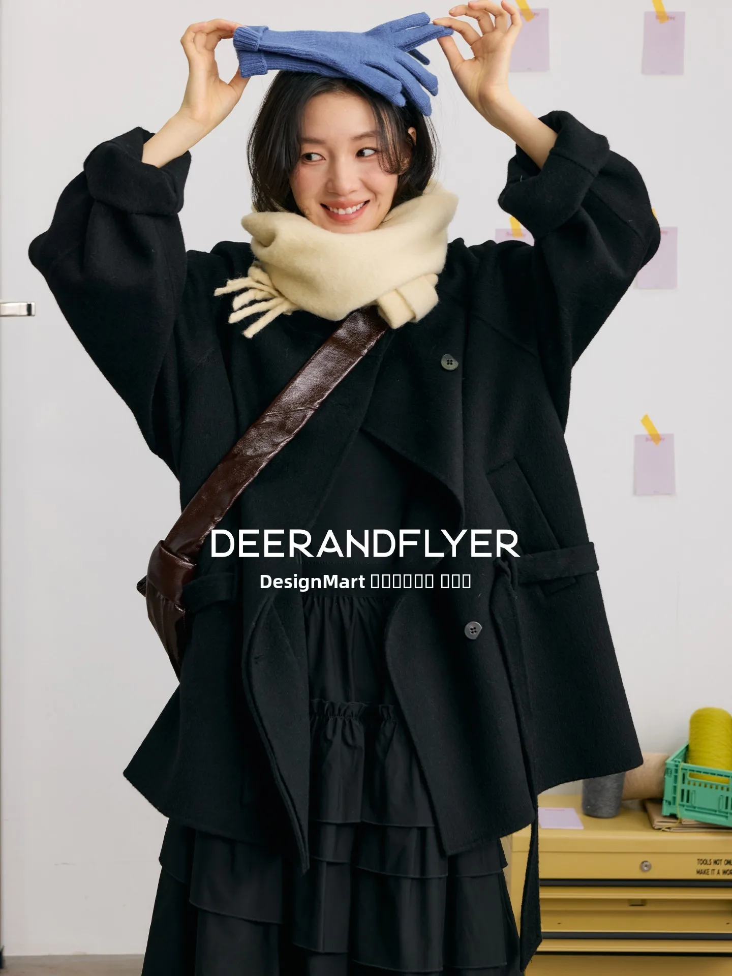 

Двустороннее шерстяное пальто свободного кроя с поясом и воротником-стойкой, женская верхняя одежда в стиле Lazy Sle Deer And Flng Bird "Dusk Trace"