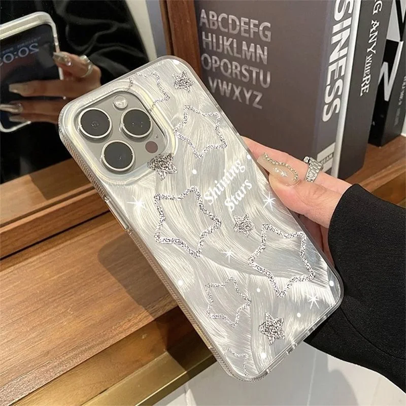 

Silver shiny star feather pattern suitable for iPhone XR X XS 7 8 16E Plus 16e 13 11 12 14 15 16 Pro Max Fall prevention