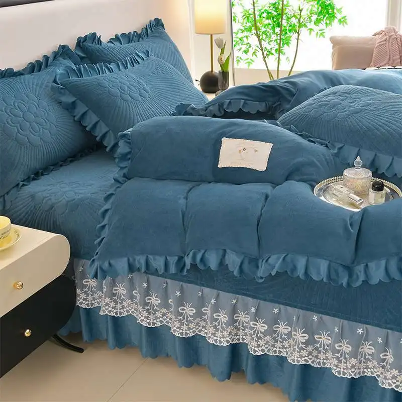 2024 popular solid color Korean version milk velvet lace bed cover bed skirt three-piece set four-piece set single quilt cover