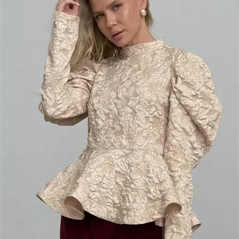 

Retro Splicing Bubble Sleeve Pure Color Stand Collar Commuter Shirt Autumn Winter European Style Women's Fashionable Top