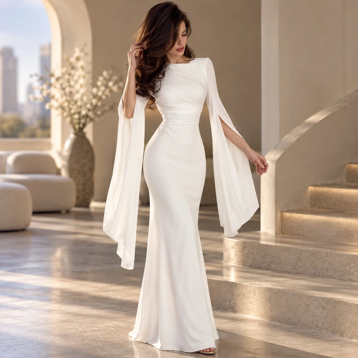 Patchwork Pleated Dress High Waist Elegant with Long Sleeve Pleated Dress Round Neck Professional Maxi Length Summer for Women