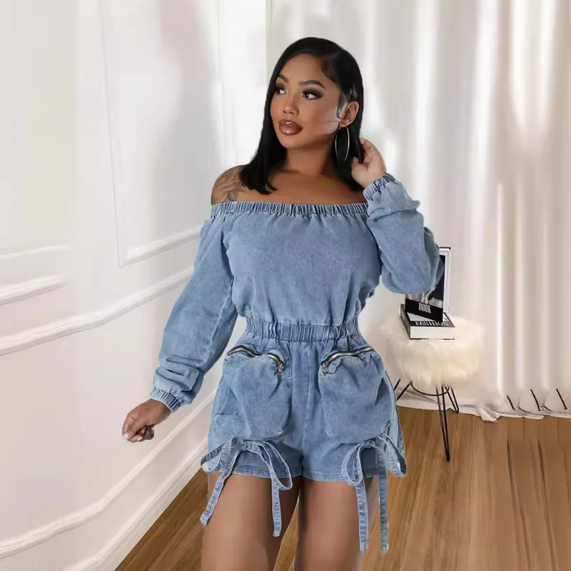 

Women Fashion Denim Cargo Playsuits Elastic Slash Neck Off Shoulder Long Sleeve Pockets Ribbon Casual Jeans Rompers Streetwear