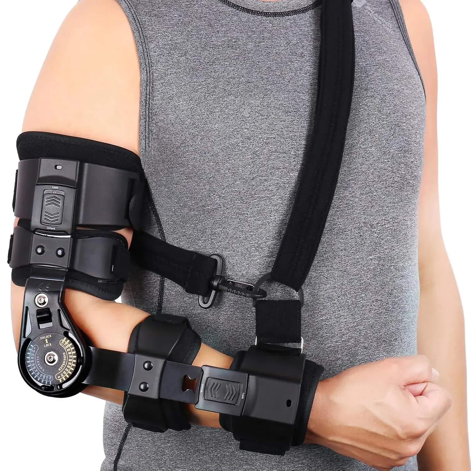 Hinged ROM Elbow Brace Adjustable Post Op Elbow Brace Stabilizer with Strap Sling Arm Injury Recovery Support After Surgery