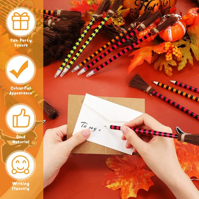 12 Piece Halloween Witch Broom Pencil Colorful Witch Broom Pens Wizard Broom Writing Pencils Wood Witch Broom Pencil