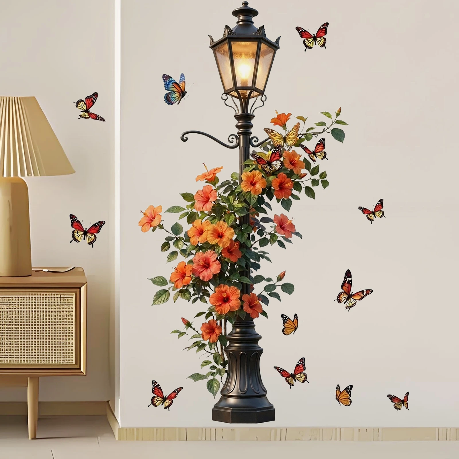 Retro Street Light with Orange Flowers & Butterflies Wall Sticker, Romantic Floral Vinyl Decal for Room Decor