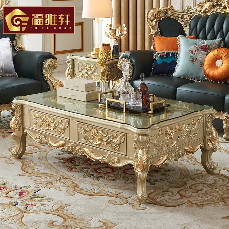 

Champagne European long coffee table American solid wood carved coffee table 1.5 meters with drawer storage storage cabinet