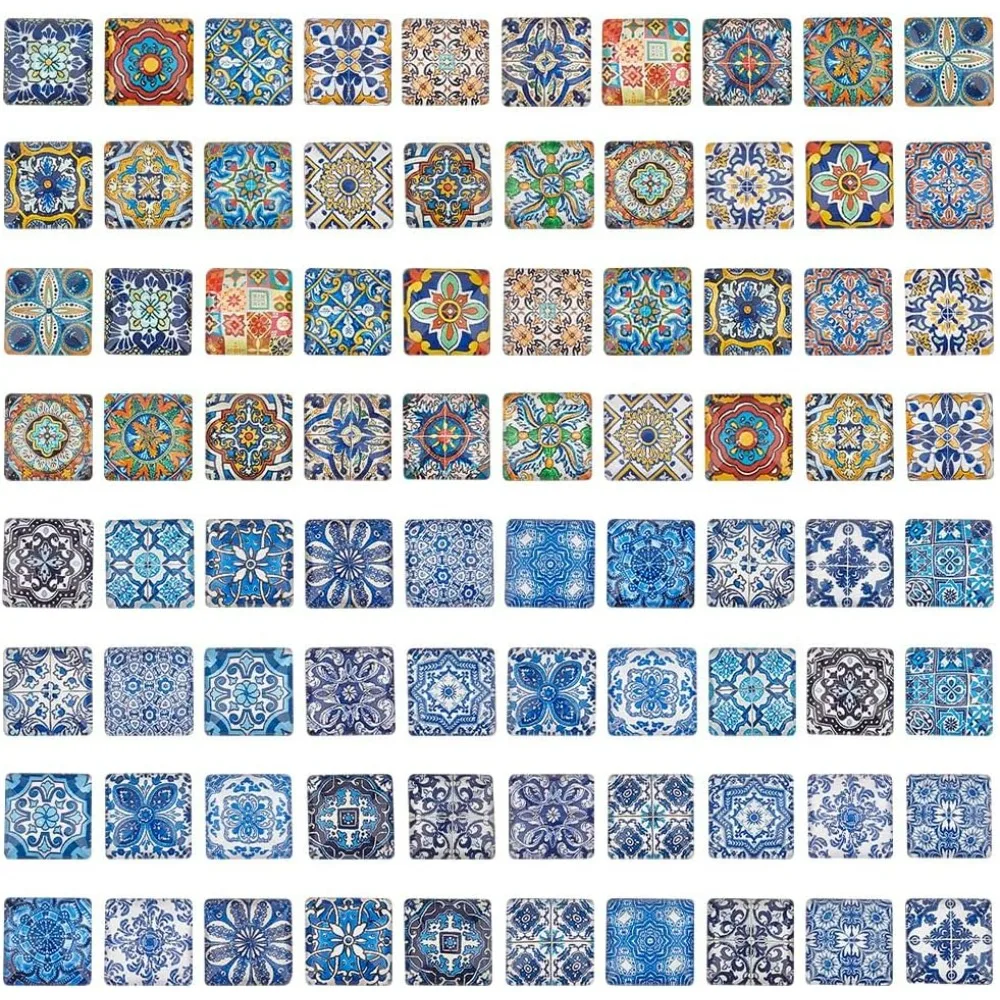 

80Pcs Square Glass Cabochons 15mm Mosaic Cabochons Flower Pattern Mosaic Supplies Glass Dome Cabochons for Crafts making kit