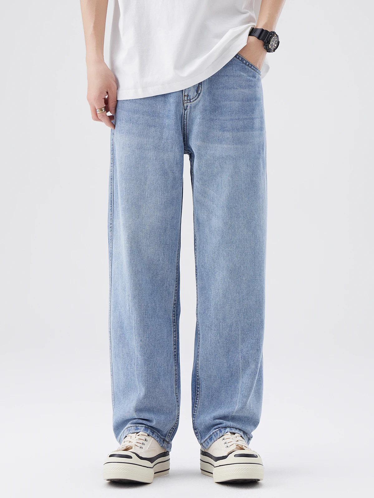 ضوء وا مستقيم الساق الرجال الجينز الصيف رقيقة الأمريكية الرجعية واسعة الساق السراويل الطويلة غير رسمية فضفاضة تناسب الجينز الشباب ular Sle