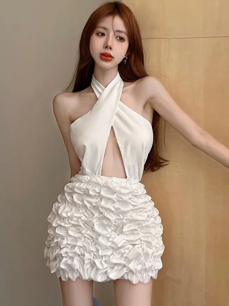 

Pure Desire Style Women's Summer New Design Hollow out Cross Neck Pleated Short Dress Slim Fit High Waist Bustle Skirt