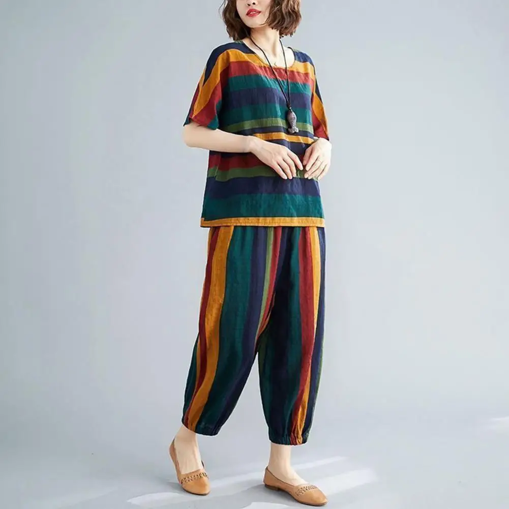 Ankle Length 2 Pcs/Set Fabulous Crew Neck Lady Outfit Set Loose Summer Top Pants Set Striped   for Daily Wear