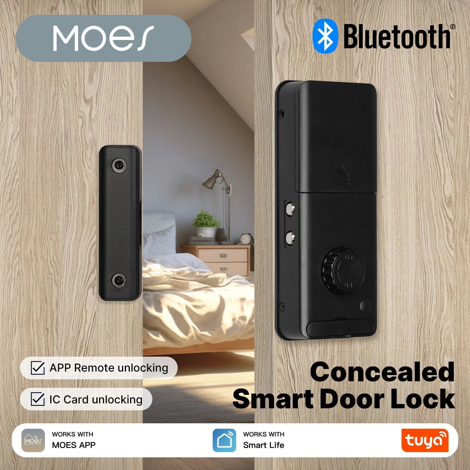 MOES Tuya Bluetooth Smart Door Lock Concealed Invisible Type IC Access Card APP Remote Unlock Electronic For Wooden Glass Door