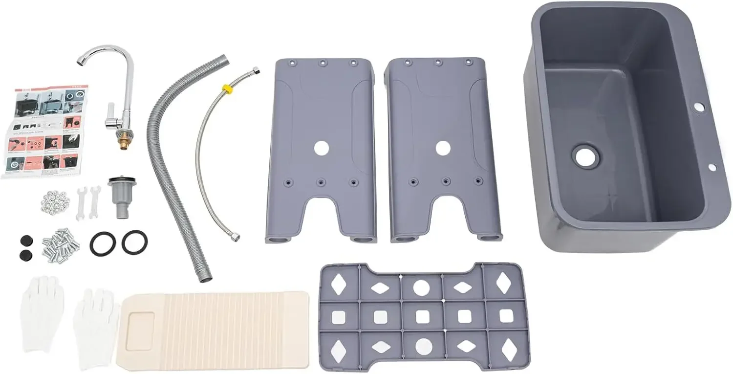 حوض بلاستيكي عالي التحمل مع 360 درجة °   صنبور دوار ورف تخزين - حوض غسيل رمادي للطابق السفلي وحوض حمام المرآب