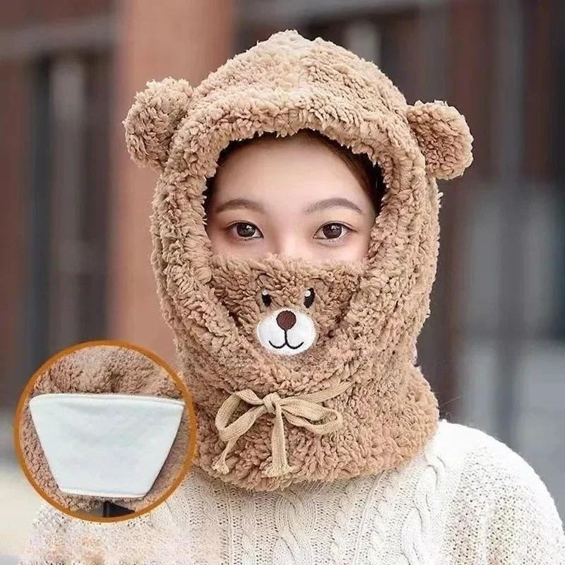 1-4PCS Fluffy Faux Fur Cap with Fleece Lined Neck Gaiter and Face Cover 3 in 1 Winter Hat Scarf Mask for Outdoor Ski Commute