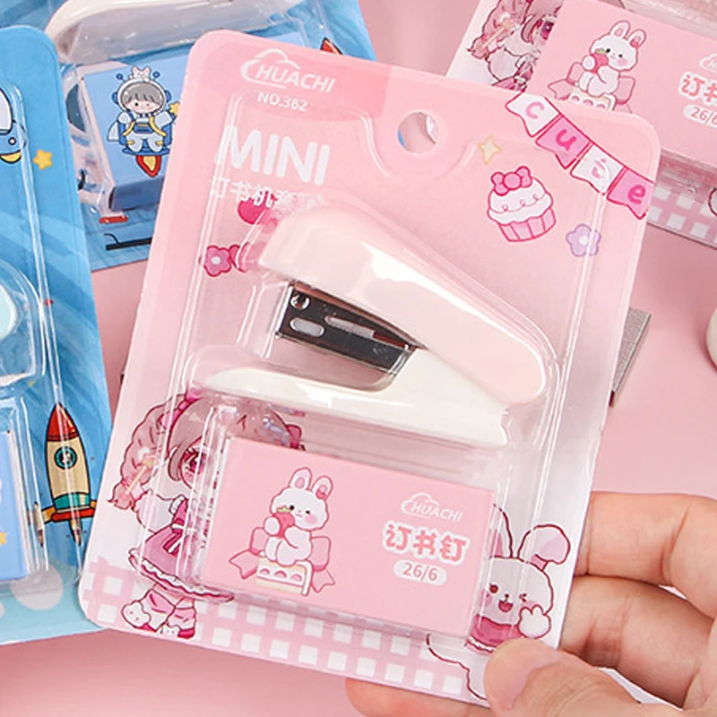 Cartoon Stapler Mini Stapler Set Cute Student Stationery Bookbinding Machine Test Paper Stapler School Gift Office Accessories