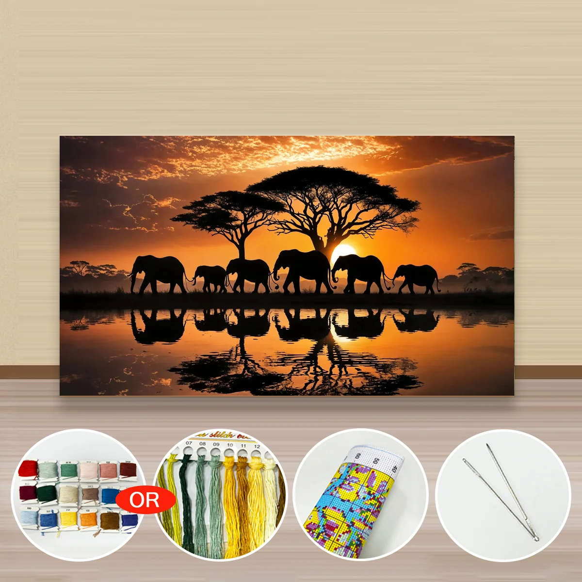 1 Stück 40x70cm/15,7x27,5 Zoll, 11Ct/14Ct Kreuzstich-Set, DIY Valentinstagsgeschenk, Stickerei-Set für Festlichkeiten, Afrikanische Elefanten bei Sonnenuntergang – Detail 3
