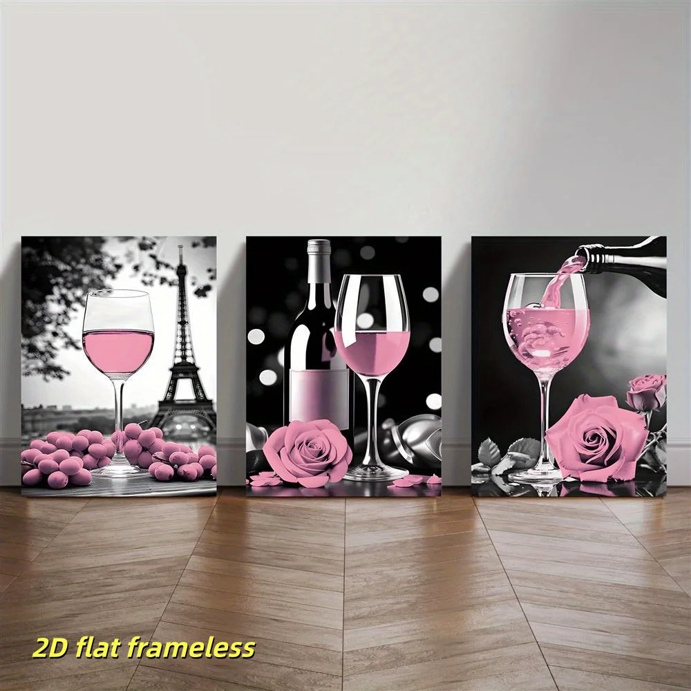 3 pieces of romantic pink wine art, grape rose, Eiffel Tower pattern canvas poster, bar, restaurant, indoor wall decoration 2D f