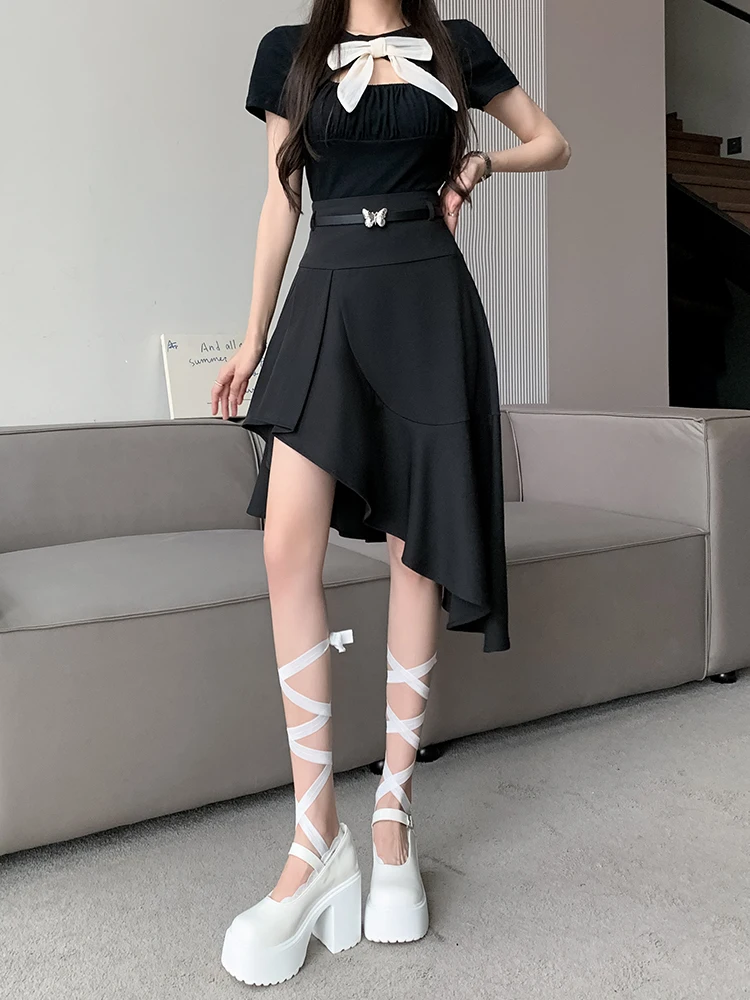 2024 Letnie spódnice damskie Slim Solid Color Irregular High Waist Ruffles Design Spódnica Summer All Match Elegancka odzież damska