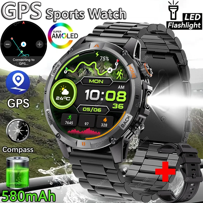 

Новые умные часы COANR для мужчин, военные, для активного отдыха, со встроенным GPS, компасом, альтиметром, AMOLED-экраном 1,53 дюйма, водонепроницаемые IP68, с функцией звонков