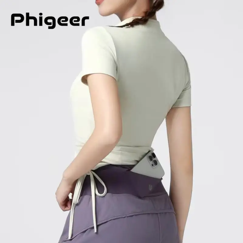 PHIGEER ultra-light yoga crop top for women drawstring side ruched breathable athletic sports shirt women's slim fit street wear