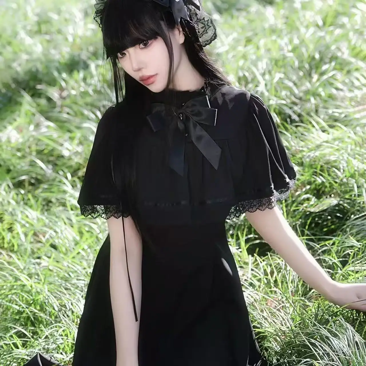 Vestidos góticos ajustados de Lolita con agradable arco para Mujer Y2k, vestido de encaje de manga corta para Mujer, Vestidos de cintura alta, Vestidos elegantes Vintage de calle alta