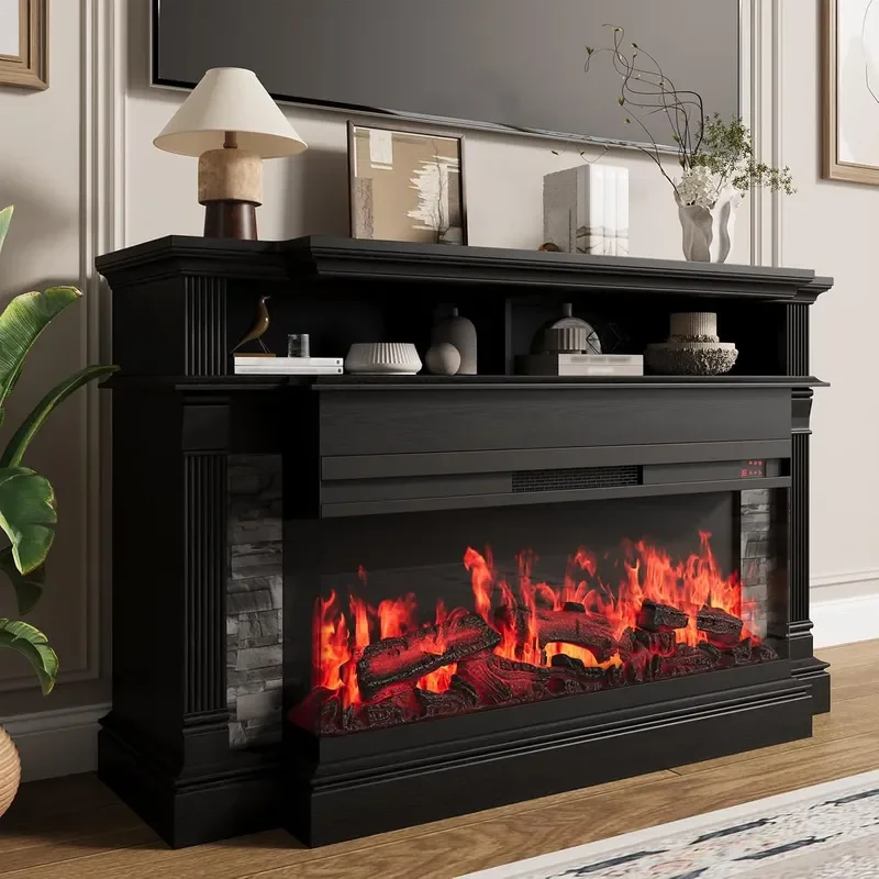 Fireplace TV Stand for TVs up to 65 Farmhouse 52 Fireplace Entertainment Center with 36 3-Side Glass Electric Fireplace