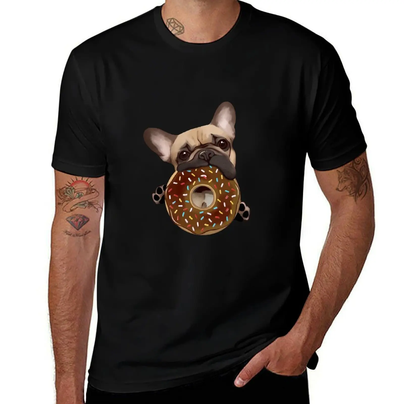 

French bulldog lovers, sweet frenchie with chocolate donuts T-Shirt man t shirts cotton t shirts with prints