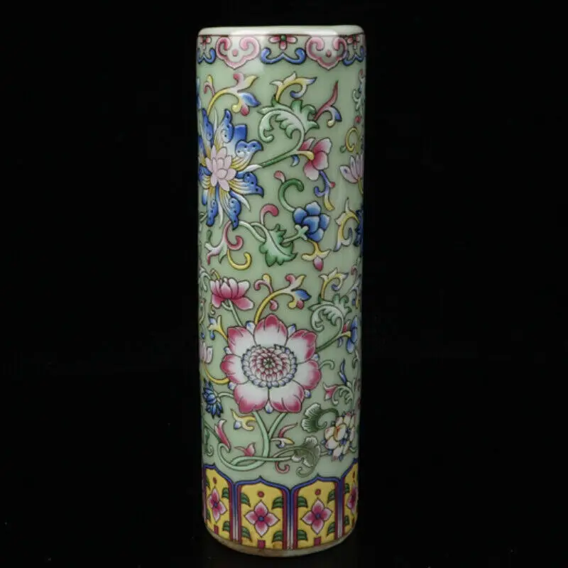 5.1" Collect Chinese Porcelain Plum Green Colour Enamels Lotus Flower Brush Pot
