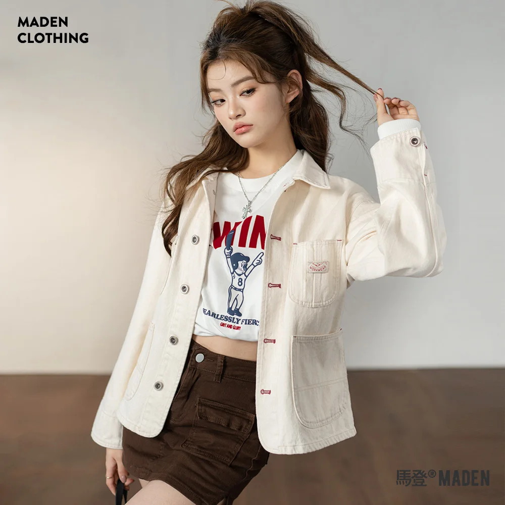 Maden-abrigo vaquero blanco Vintage para mujer, chaqueta holgada informal con cuello vuelto de 11,2 OZ, ropa de un solo pecho