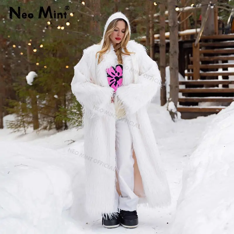 Neo Mint Long Eco Turkey Fur Coat Women 2024 Winter Luxury Fashion Tassels Faux Fur Jacket Thick Warm Fluffy Outerwear Overcoat