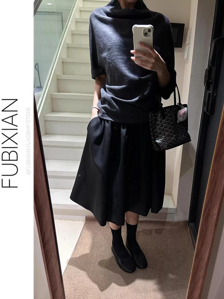

mat Sle Mid-Length Puffy Skirt Women's Low-Waist ape Slimming Bla Spring Season Faion Girl's Skirt