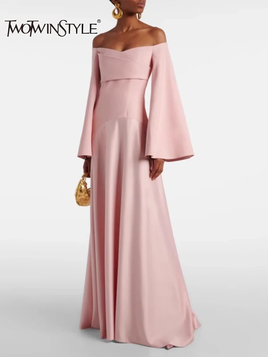 TWOTWINSTYLE Solid Slimming Elegant Evening Dresses for Women Slash Neck Long Sleeves Patchwork Folds Dress Female Clothing New