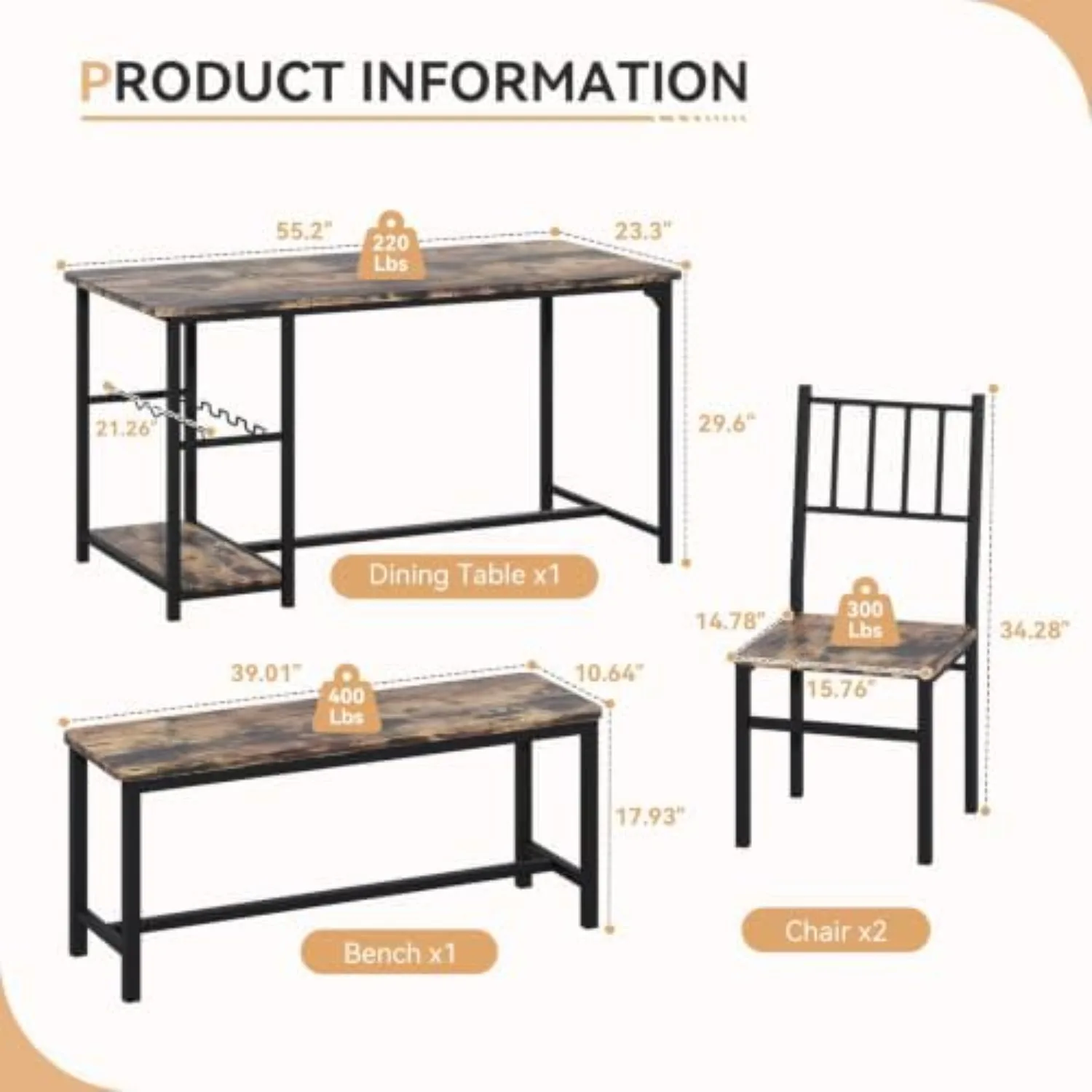 Dining Table Set for 4 with Bench, 55
