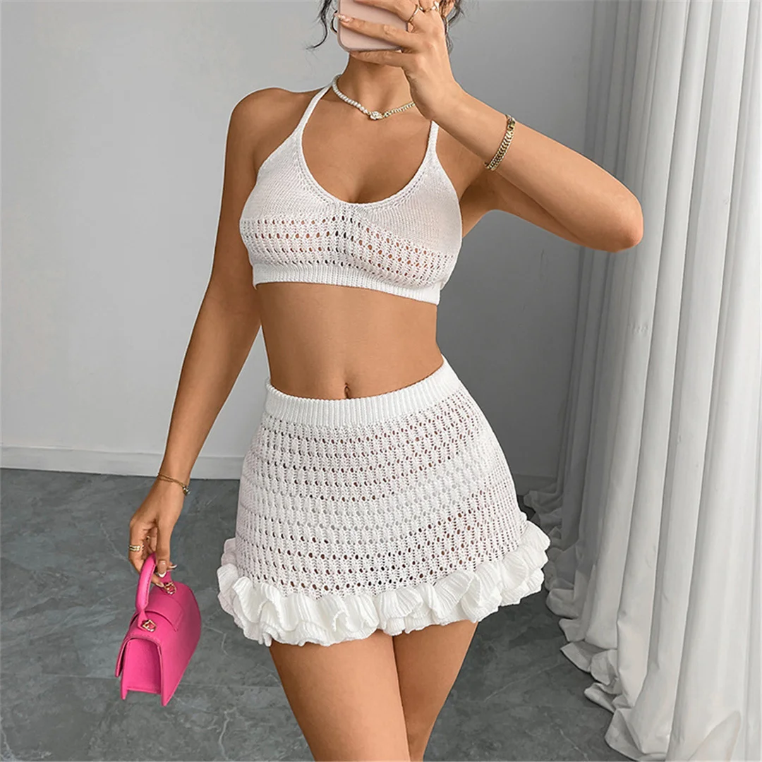 Neues, gerüschtes, halterloses, ausgeschnittenes, gehäkeltes, gestricktes 2-teiliges Set, Sommerkleid, Strandkleidung, Cover-up, zweiteiliges Set für Damen, V7169 – Detail 4