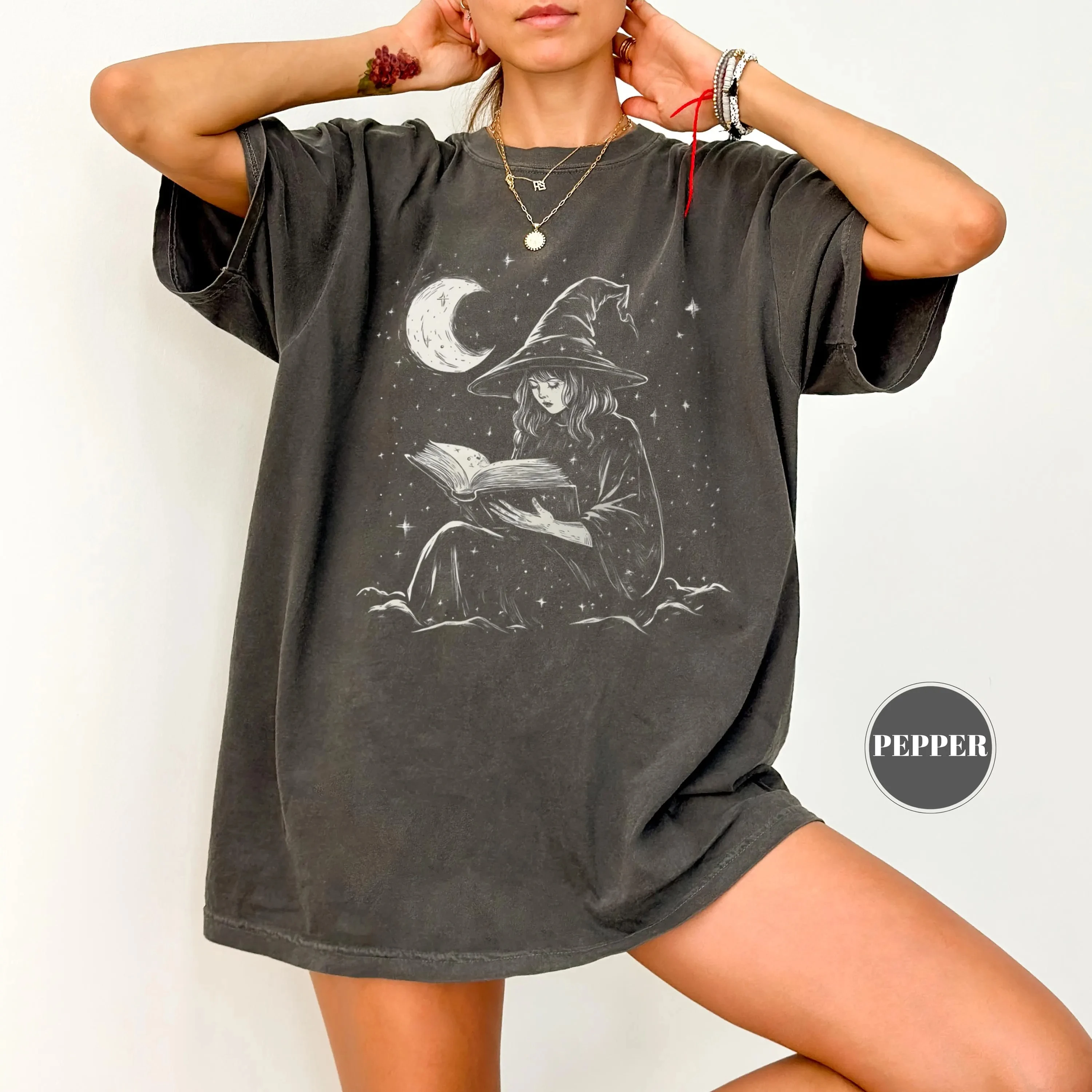 

Plus Size Women's Mystical Book Reading Witch T-Shirt Pure Cotton Breathable Stylish Versatile Street Style Streetwear Oversized