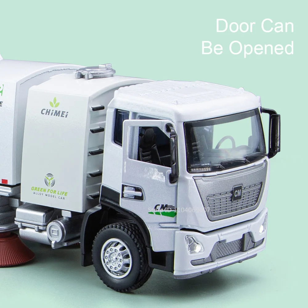 รถของเล่นจำลองรุ่น 1:24 รถทำความสะอาดเมือง ผลิตจากโลหะหล่อขึ้นรูป พร้อมเสียงและไฟ ประตูเปิดได้ แบบดึงหลัง รถวิศวกรรม