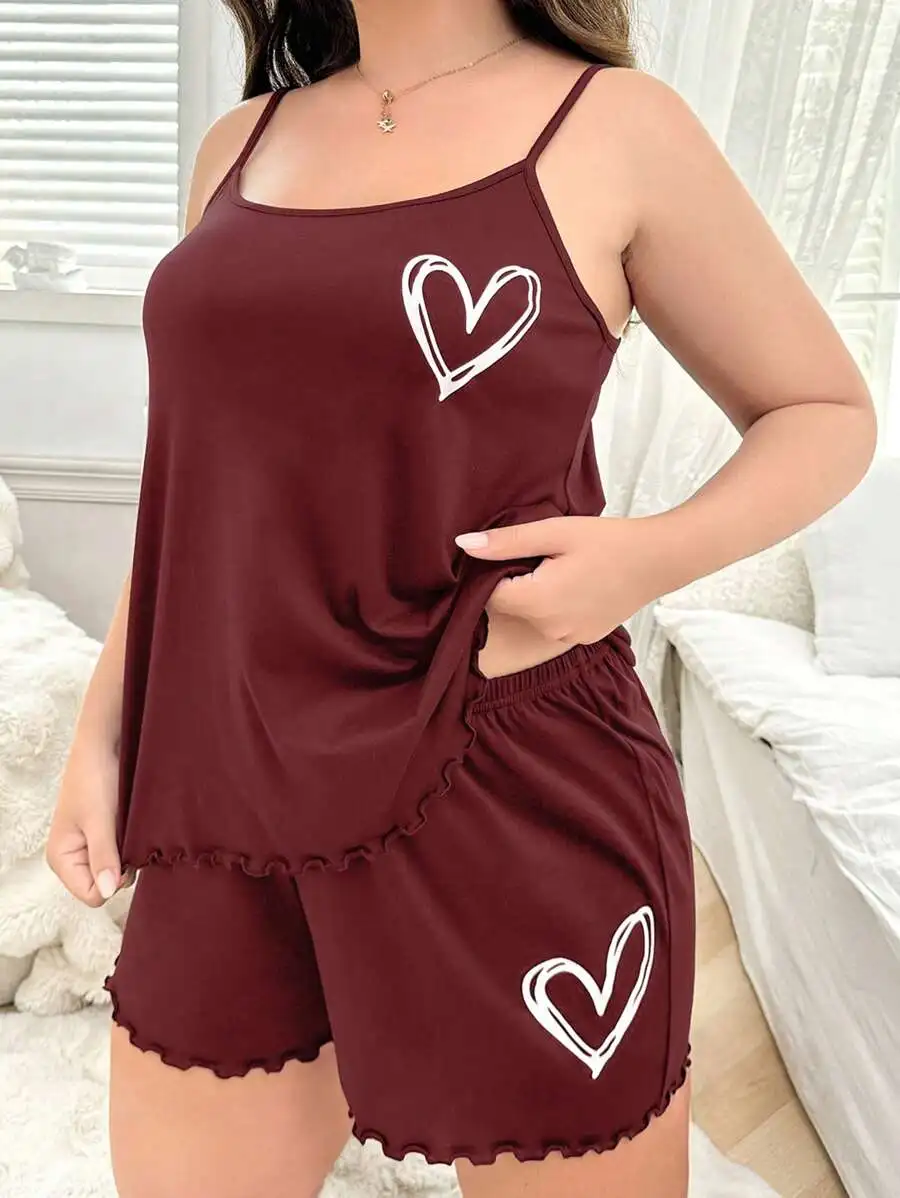 

Plus Size Heart Print Camisole Sleep Top And Shorts Pajama Set