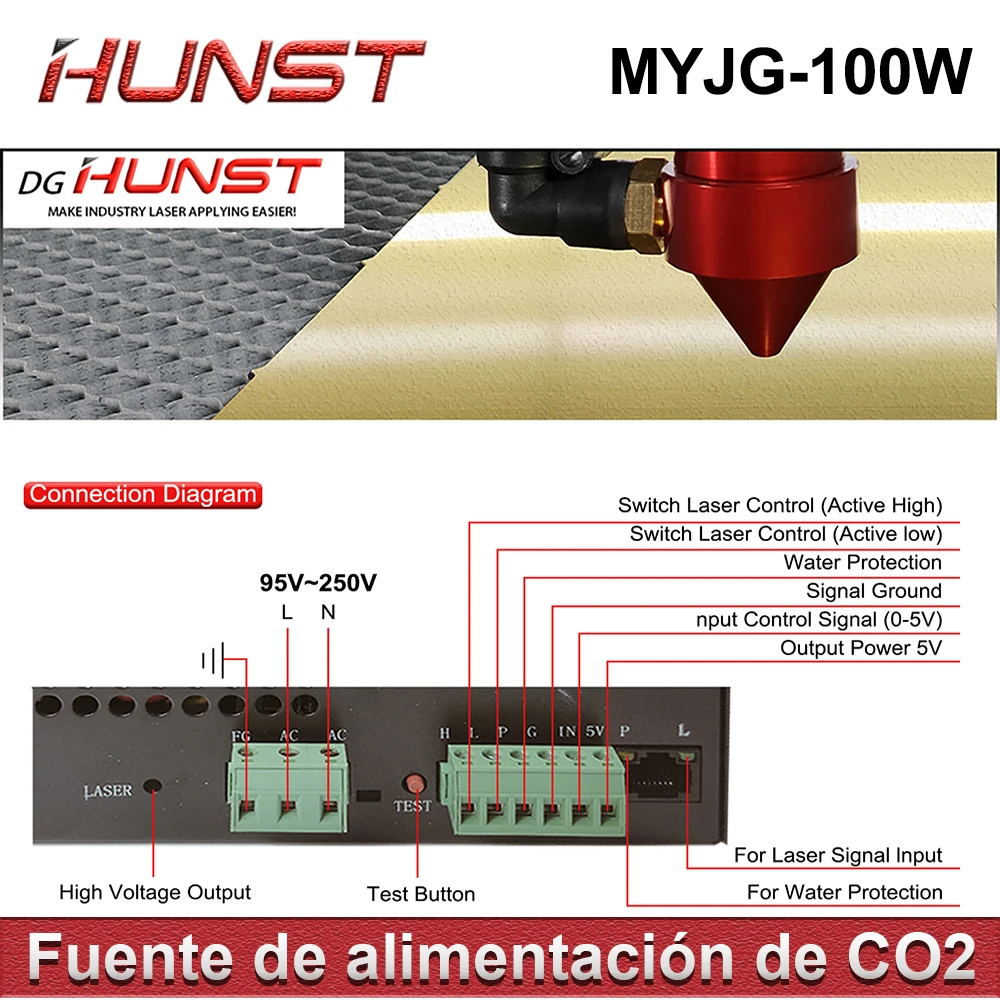 Hunst เครื่องเลเซอร์ CO2 myjg 100W รองรับแรงดันไฟฟ้า95 ~ 250V และใช้สำหรับเครื่องแกะสลักและตัดเลเซอร์80-100W