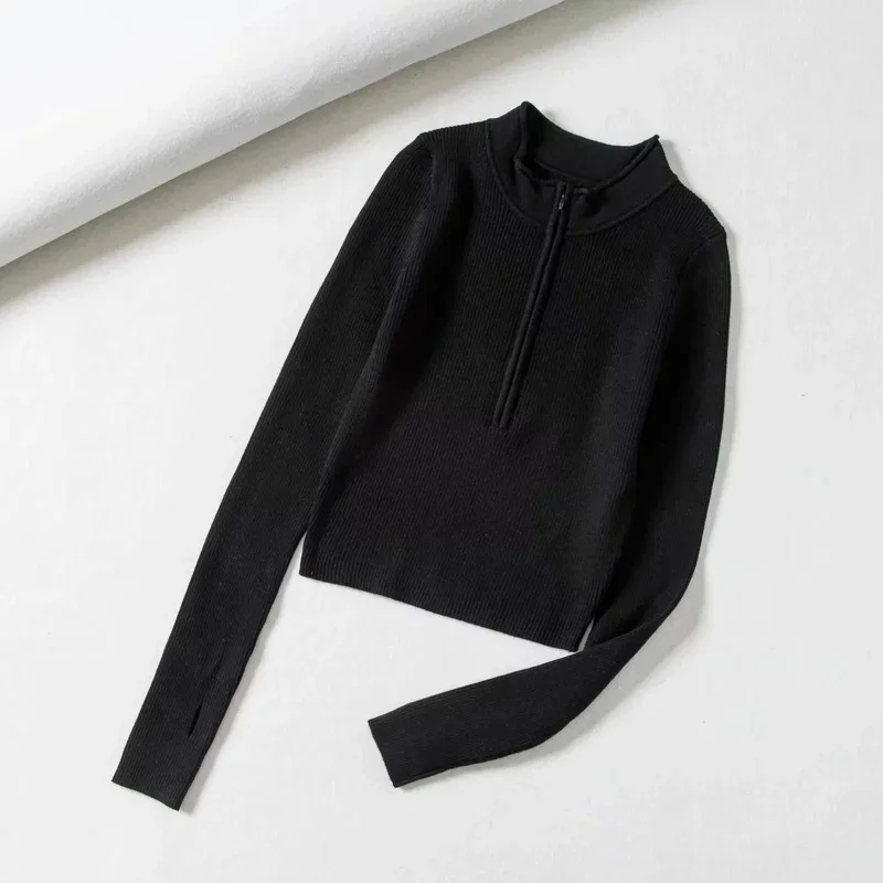 Women Elegant High Neck Solid Basic Cropped Pullover All-Match Winter Spring Fashion Y2k Zipper Front Knitted Clothing Top 2023