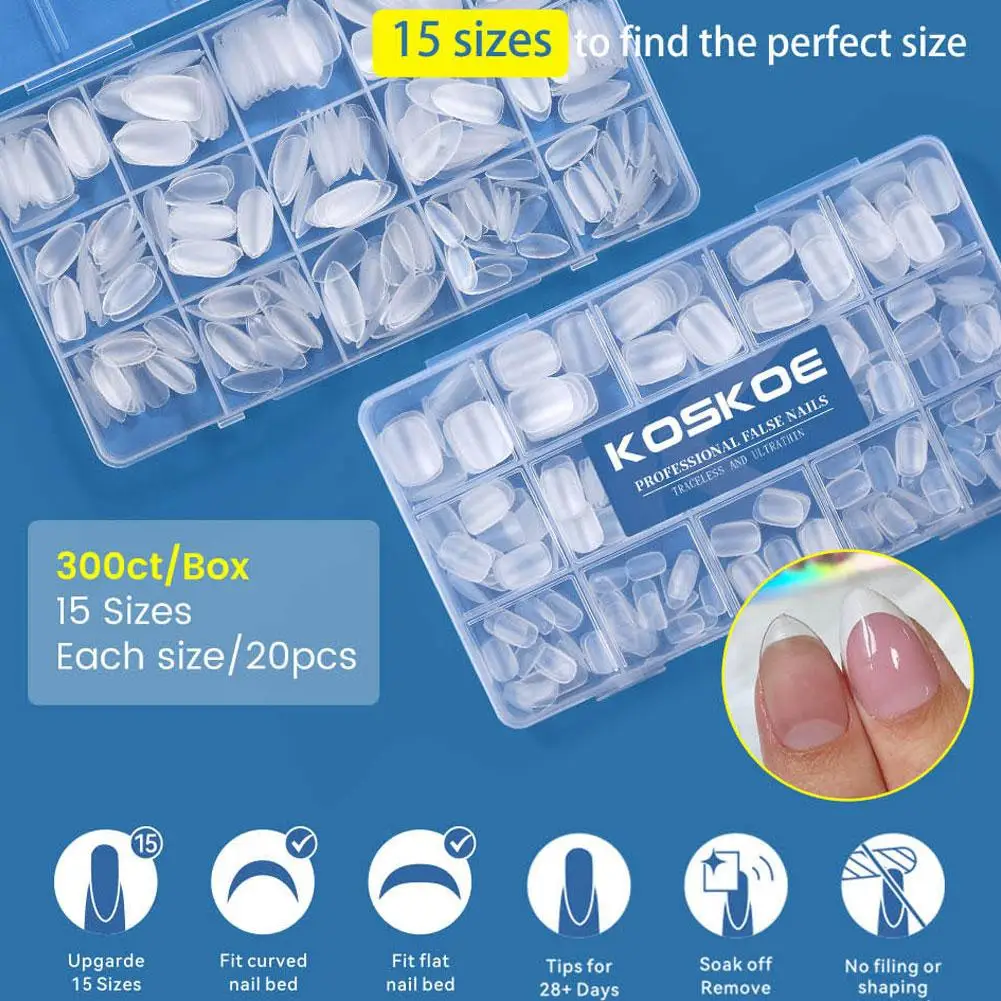 300Pcs Ultra Thin Full Matte Press on Nails Flexible Soft Gel Nail Extensions Fake Nail Tips Manicure Box Set