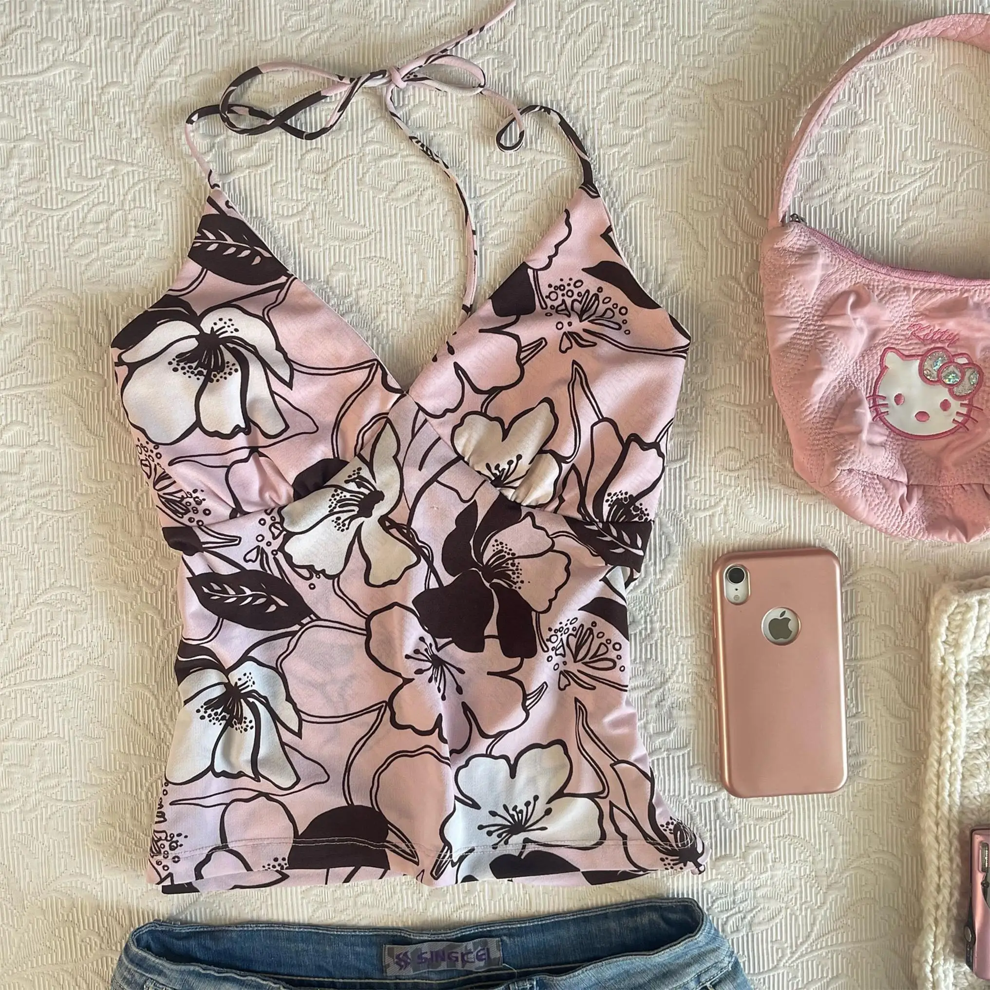 الرجعية زهرة جماليات الجرافيك طباعة Y2k تانك القمم الشرير شارع العليا أكمام أعلى عادية روك القوطي سترة الهيب هوب موضة المحاصيل الأعلى