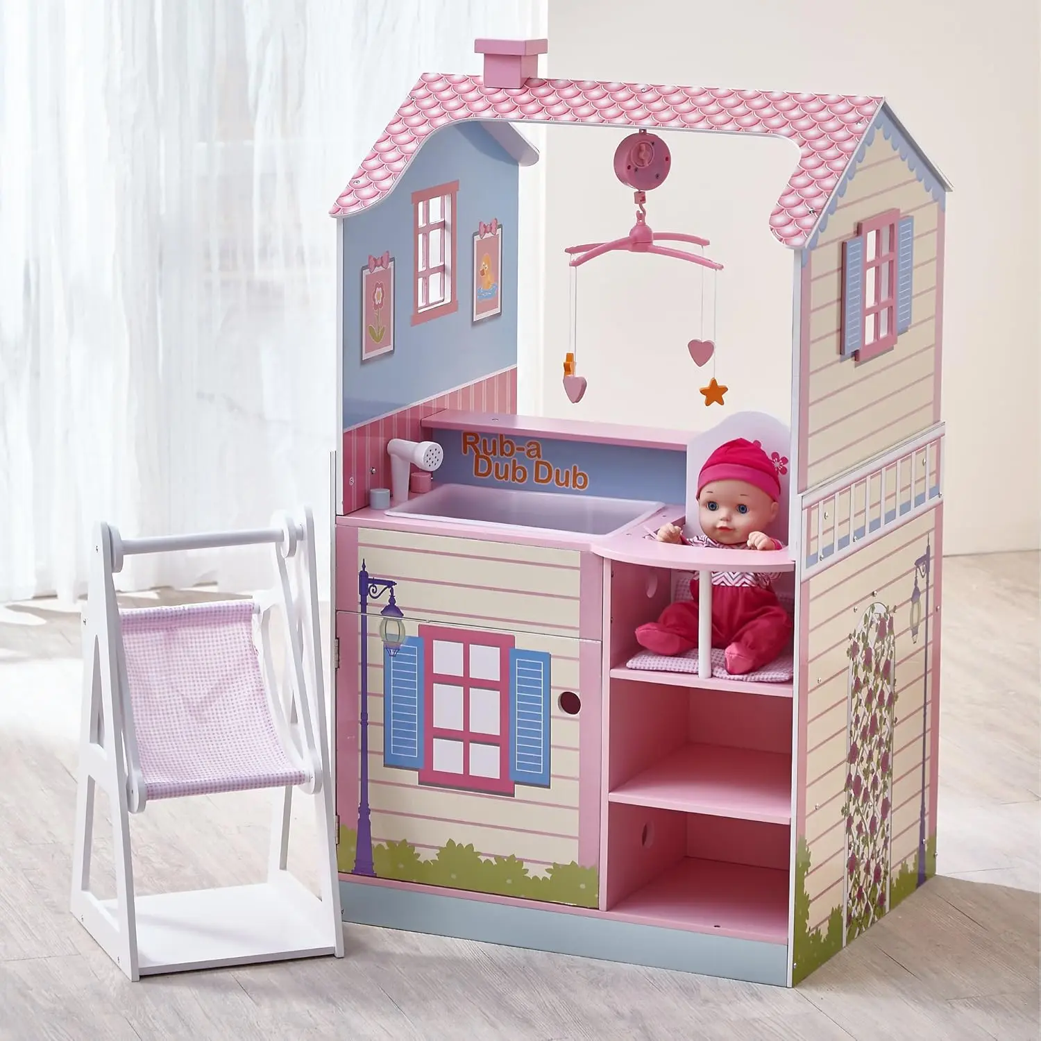 Centre de pépinière en bois tout en un pour bébé, maison de courses double face pour poupées bébé avec balançoires, CH multifonctionnel, 16 "-18"