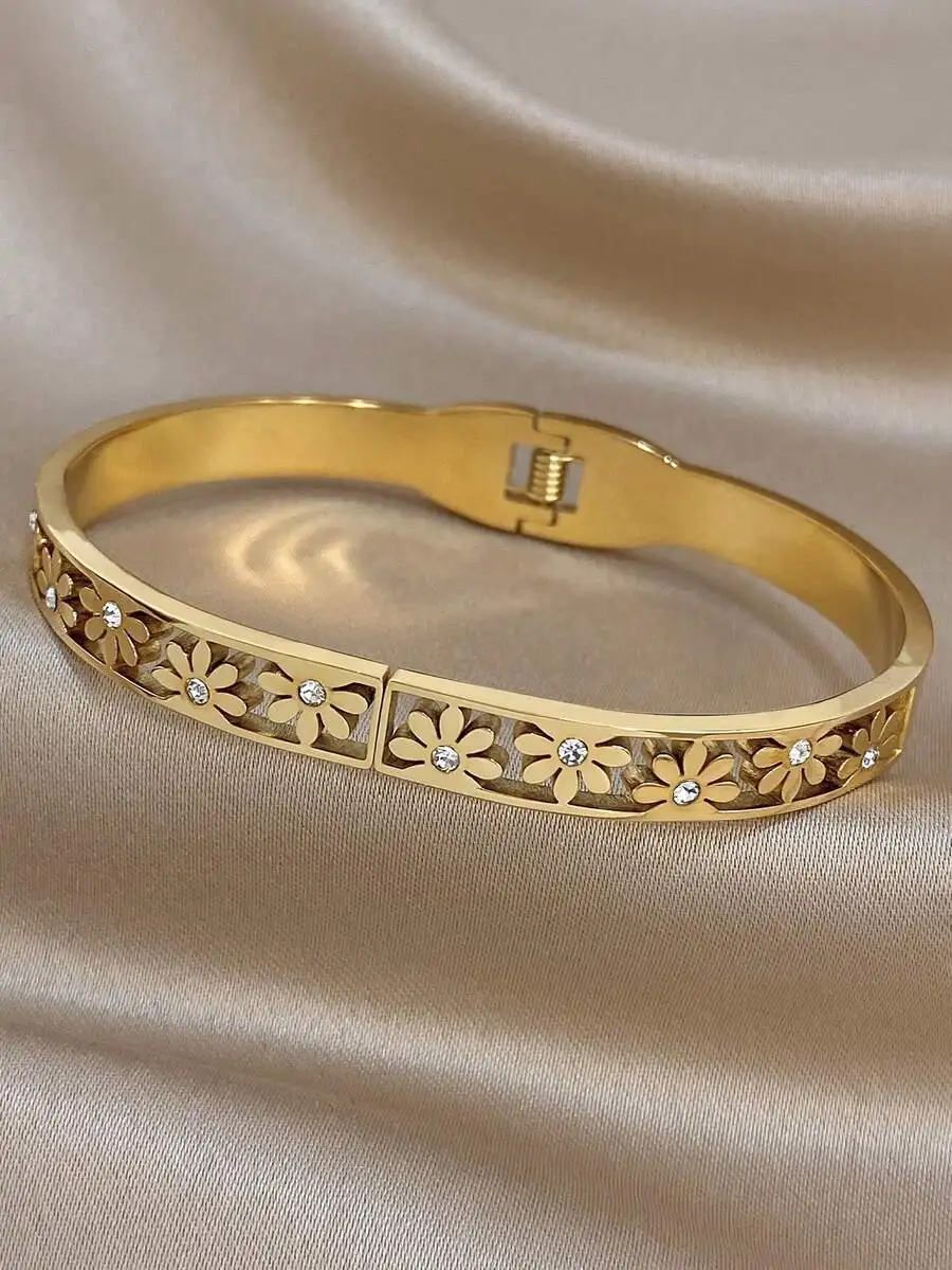Golden Stainless Steel Flower Rhinestone Bangle Bracelet For Women Party Wedding Festival Gift