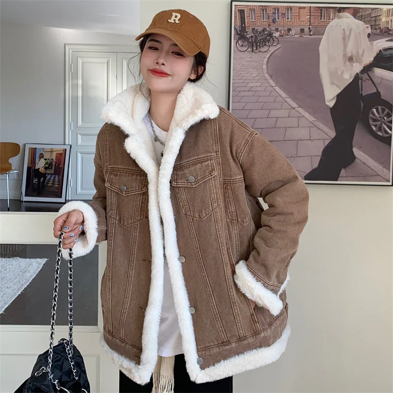 

Casual Thick Warm Blue Winter Coat Women New Korean Style Autumn Lamb Wool Denim Jackets Snow Basic Female Coat Outwear