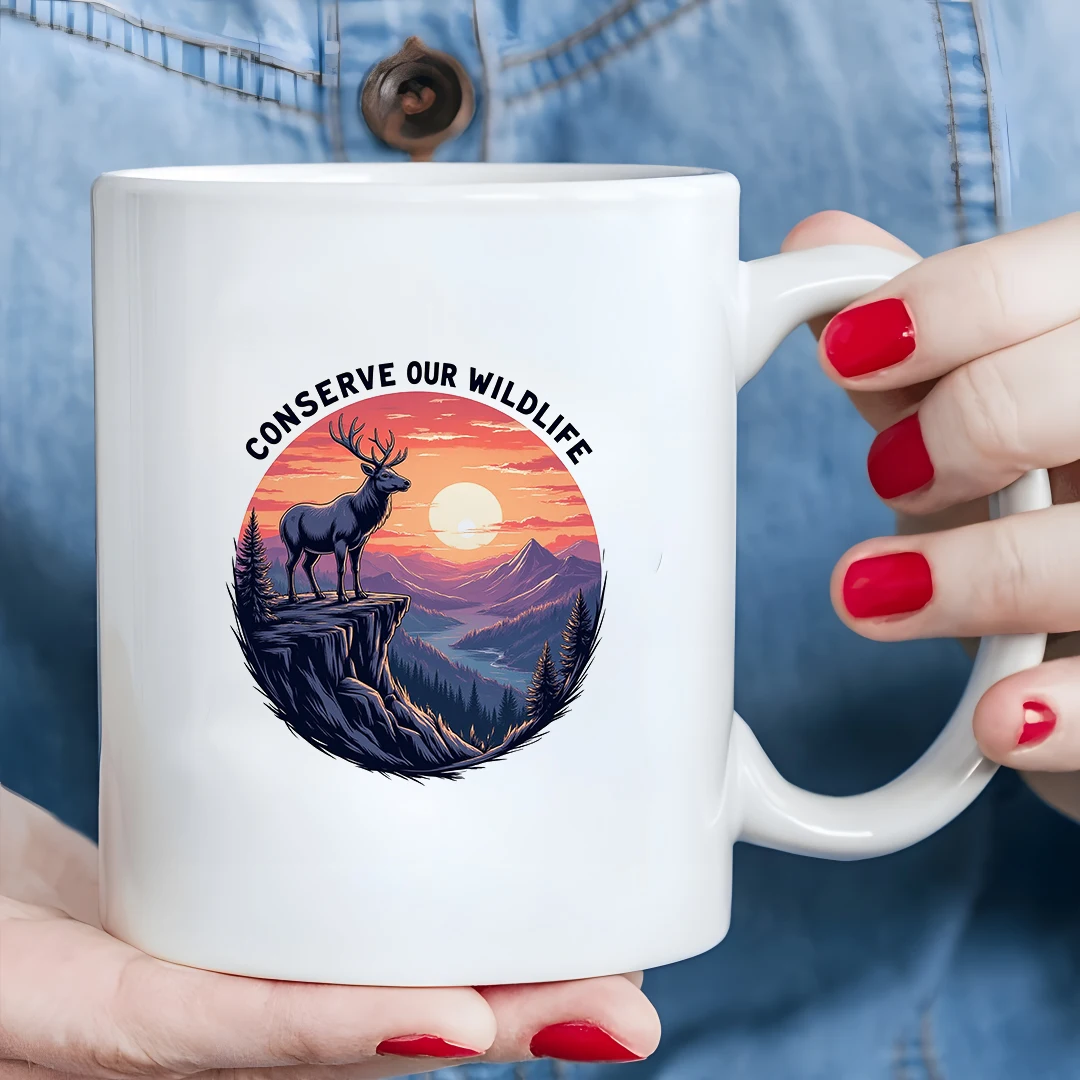 

11oz Mug Wild Landscape Illustration Cup Deer and Mountain Streams Warm Illustration Christmas EcoFriendly Cup for Home and Of