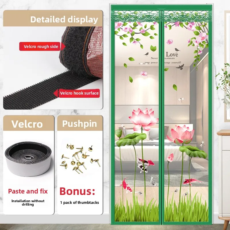 Solid color magnetic mosquito-proof door curtain for home use,summer,, no-drill installation with Velcro, new Chinese style