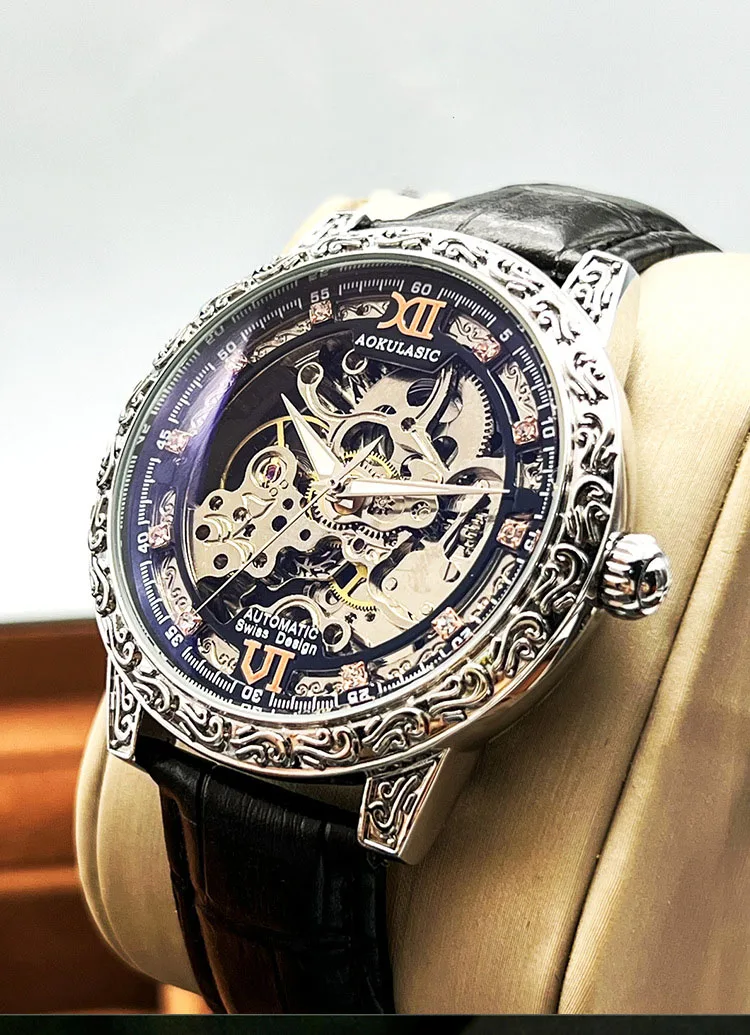 Hollow carved fully automatic mechanical watch, retro high-end men's watch, waterproof luminous leather watch
